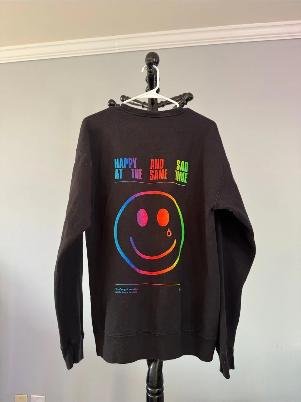 Men's Black Crewneck Sweatshirt with Rainbow Smile Graphic